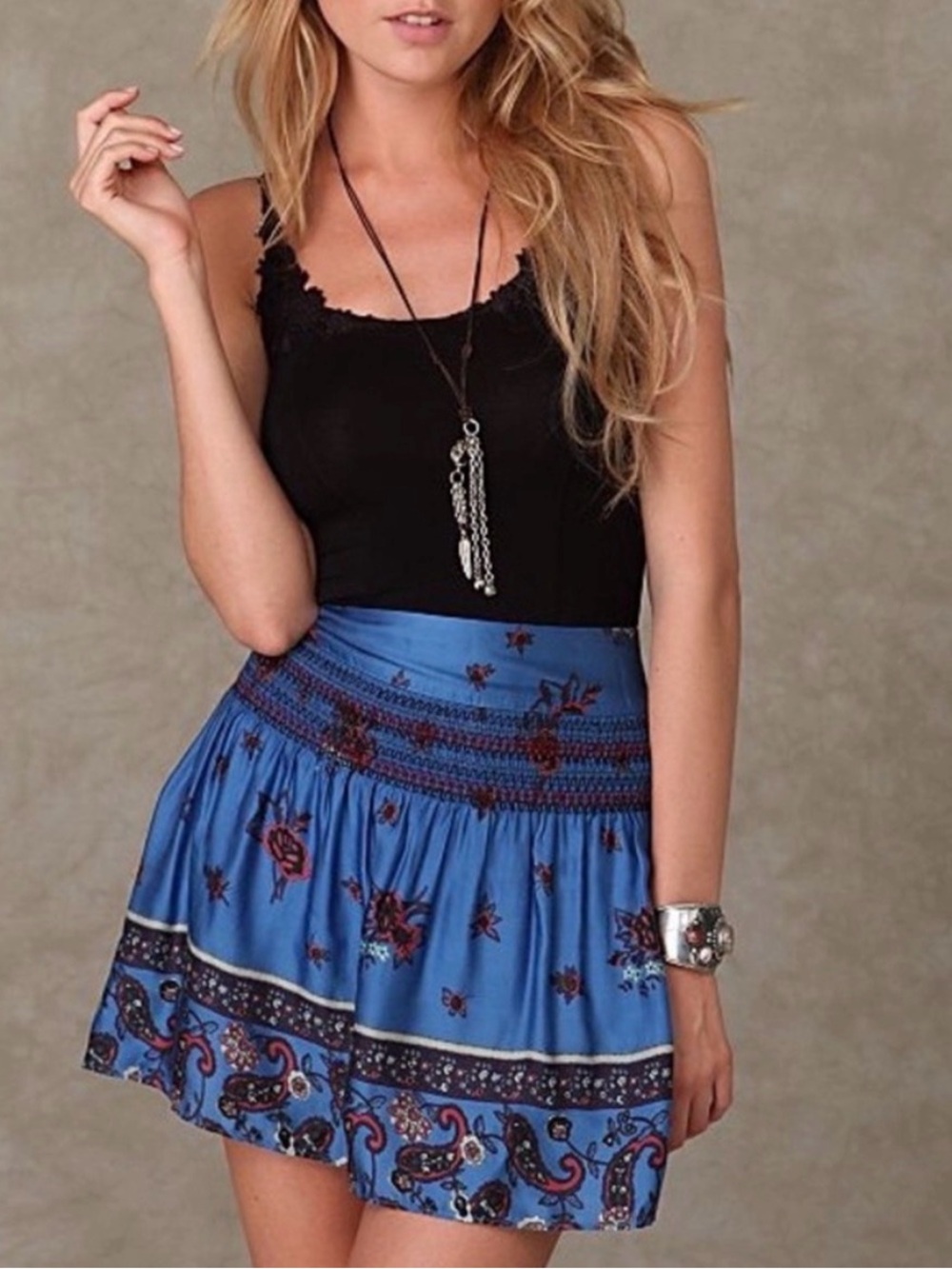 Free People Blue Paisley & Floral Smocked Skirt